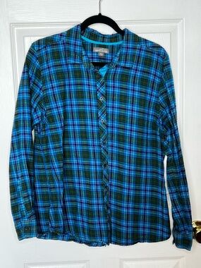 Eddie Bauer Blue Green Plaid Cotton Flannel Button Down XL